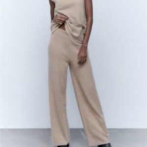 Zara Beige Wide-Leg Knit Trousers Sz S